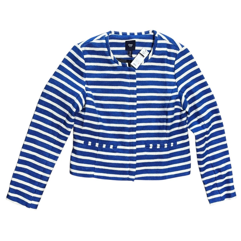 Gap Women Blue White Striped‎ Collarless Zipper Front Jacket Blazer Size 6